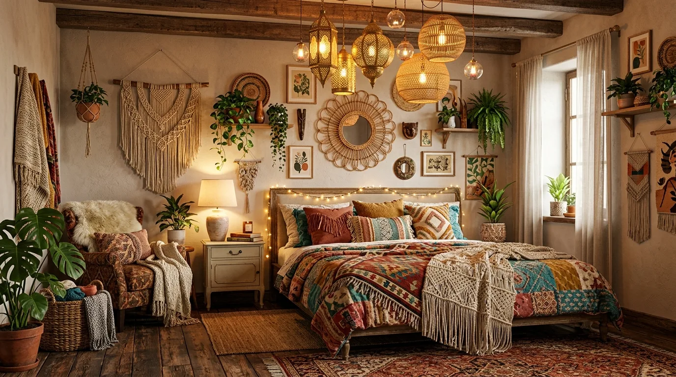 Let linen curtains move lightly around the bed zone inspiration for a boho bedroom.